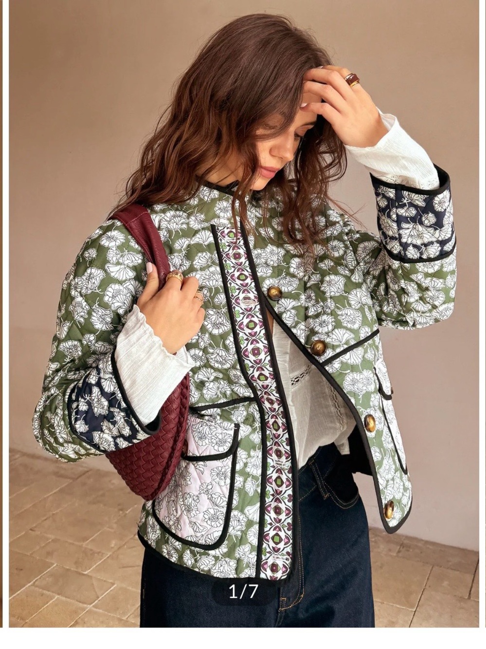 Commense Green Floral Quilted Jacket with Navy & Cream Accents
